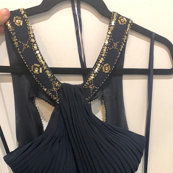 Laura Luxurious Dark Blue Long Dress Open Back with Gold Crystals - Picture 8 of 13